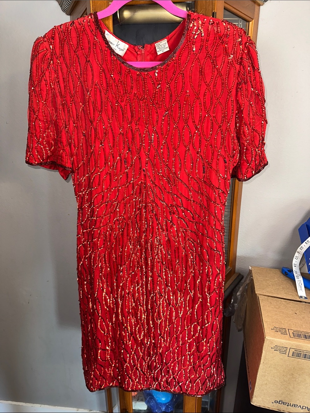 Laurence Kazar Red Beaded Mini Dress